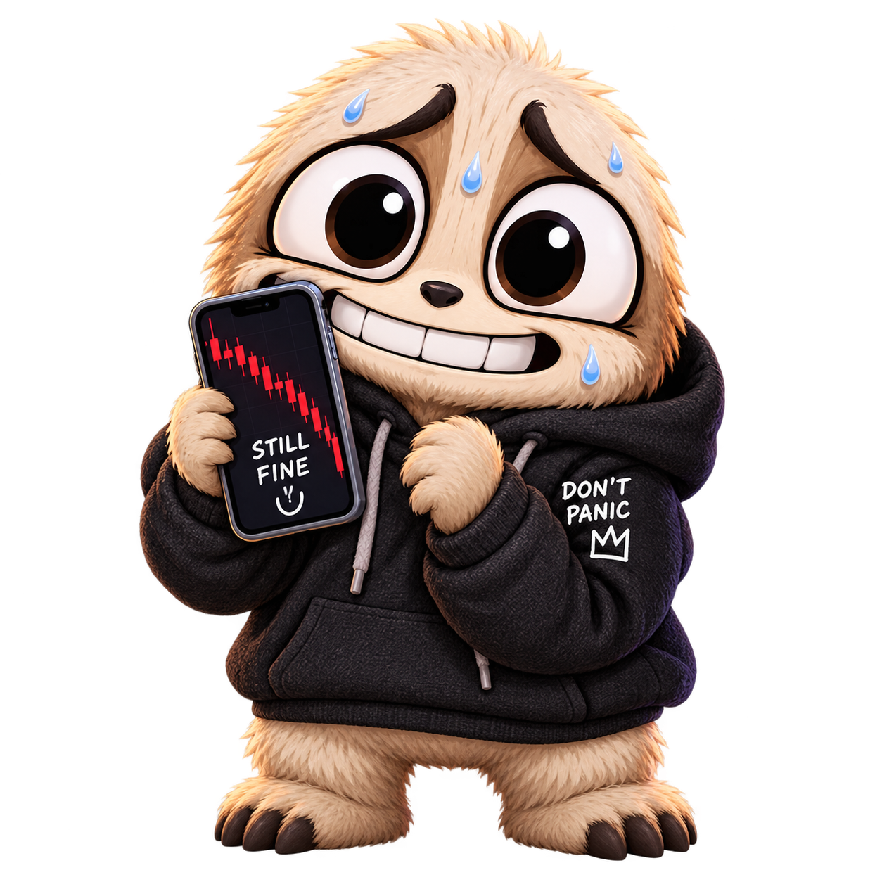 An anxious fluffy mascot in a black hoodie holding a phone with a falling chart